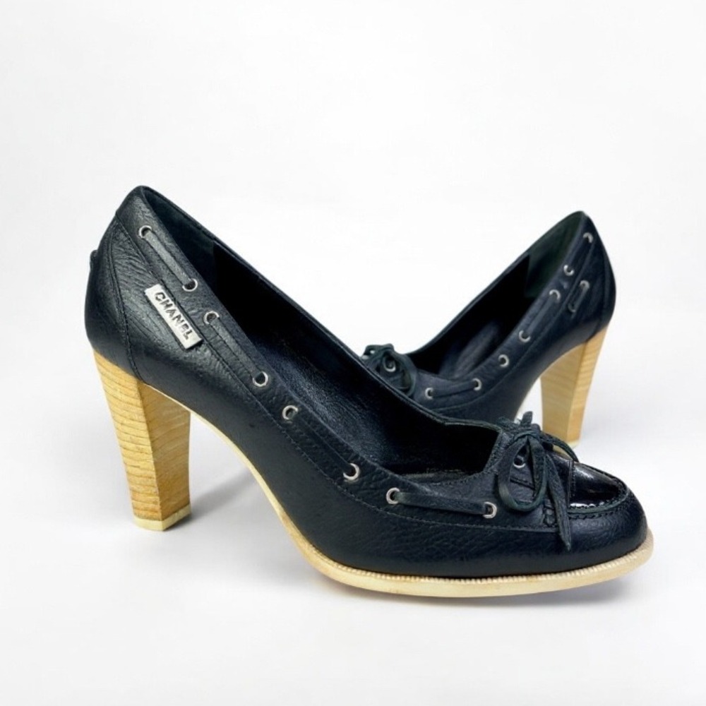 Chanel Vintage Leather Block Heel Pumps Womens 8 Black Old Money Quiet Luxury